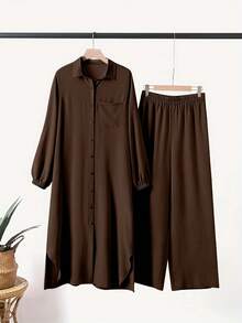 2pcs Abaya Set: Long Sleeve Shirt Top And Wide Leg Pants, Elegant And Comfortable For Home And Daily Wear - Brown - View 2