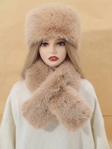 New Classic Faux Fur Soft Fluffy Outdoor Cold-Proof Casual Warm Solid Color Hat And Scarf Set, Autumn/Winter