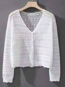 1pc Women's Shrug, Loose V-Neck Hollow Out Knitted Air-Conditioned Shirt, New Style Long Sleeve Sunscreen Cover Up Top Accessories Women