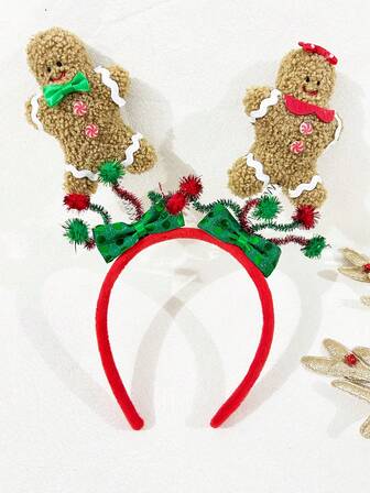 1件装女士圣诞节超大姜饼人蝴蝶结扭结棒绒球发箍，可爱，美丽，发箍