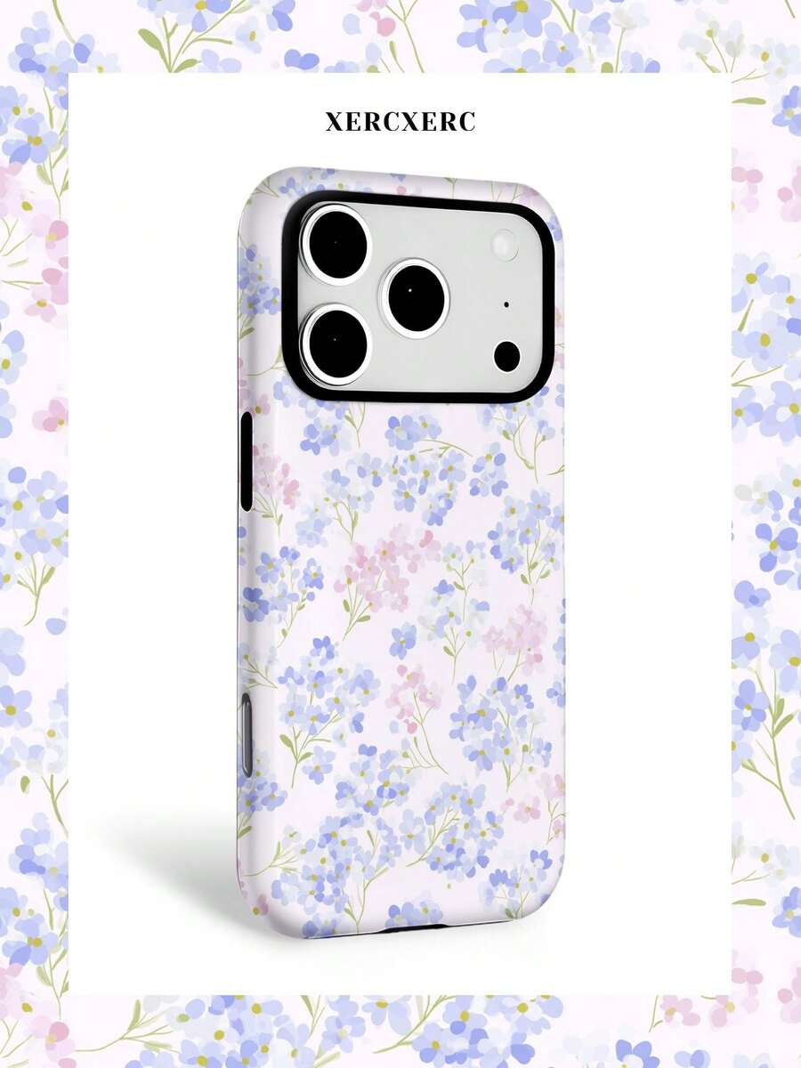 xercxerc Blue And Pink Floral Print 2-In-1 Case With PC Hard Outer & TPU Soft Inner, Large Window, Matte/Glossy Finish For IPhone 11-17 Pro ProMax Air - Multicolor - View 1