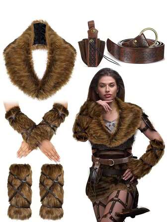 7 piezas Chal de peluche marrón estilo vikingo medieval, puños de muñeca con cordón de piel, calentadores de pierna de piel, bolsa de almacenamiento impresa en, cinturón, para Halloween, carnaval y cosplay
