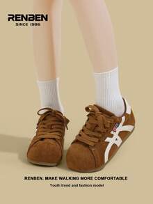 RENBEN 1 Paar Damen Retro Stil Schnürschu he, Beige & Farbblock, Neuheiten Herbst/Winter 2025, versteckter Keilabsatz, leichte weiche Sohle, sportliches Design, geeignet für Studenten und Rennen