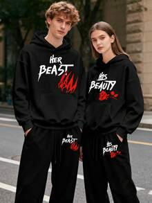 (2PC) Couple's Set Of Fashionable And Casual Printed Hoodies And Sweatpants For Both Men And Women, Autumn And Winter Men's Sportswear, Fashionable And  Sportswear Printed, Suitable For Casual Outdoor Sports And Holiday Gift Giving.HER BEAST/HIS BEAUTY - 男士-黑色 - 查看 1