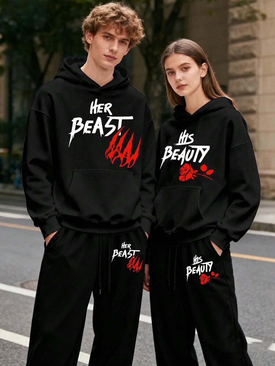 (2PC) Couple's Set Of Fashionable And Casual Printed Hoodies And Sweatpants For Both Men And Women, Autumn And Winter Men's Sportswear, Fashionable And  Sportswear Printed, Suitable For Casual Outdoor Sports And Holiday Gift Giving.HER BEAST/HIS BEAUTY - 男士-黑色 - 查看 1