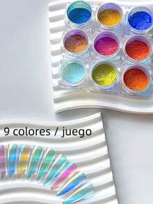 9pcs/Set Y2K Chameleon Nail Glitter Powder, Holographic Neon Iridescent Multifunctional Decorative Nail Glitter Powder - 彩色 - 查看 12