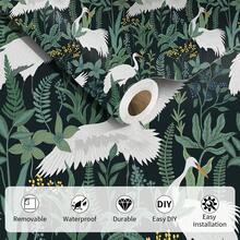 1 لفة ورق حائط لاصق ذاتي بطراز رجعي، بنقوش نباتات خضراء وطائر الكركي الأبيض والأحمر، ورق جداري قابل للإزالة من الفينيل، مقاس 17.32*118.11 بوصة، مقاوم للماء مناسب لديكور غرف المعيشة والمطبخ والنوم والحمام، تجديد الأثاث، ديكور منزلي طبيعي حديث، ورق حائط فني خريفي