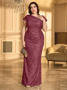 大码亮片褶饰不对称领口礼服派对礼服婚礼宾客礼服晚礼服、新娘礼服、生日女士服装、毕业礼服 - 中紫紅色 - 查看 3