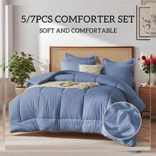 5/7pcs Simple And Stylish Embossed Bed Comforter Set, 100% Microfiber Soft Breathable Summer Bedding Set, Comfortable And Durable, Include 1 Comforter+1 Flat Sheet+1 Fitted Sheet+1/2 Pillowcases+1/2 Pillowshams,All-Season, Bed In A Bag, Room Decor, Best Gift - Blue-BZ01 - 查看 1