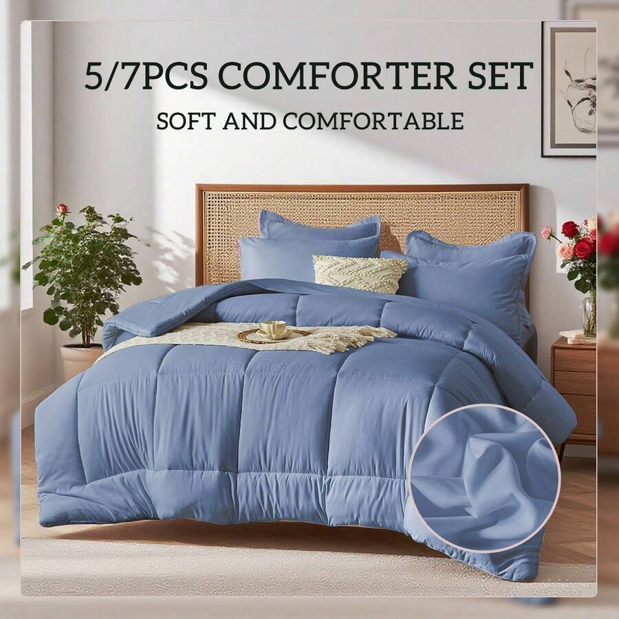 5/7pcs Simple And Stylish Embossed Bed Comforter Set, 100% Microfiber Soft Breathable Summer Bedding Set, Comfortable And Durable, Include 1 Comforter+1 Flat Sheet+1 Fitted Sheet+1/2 Pillowcases+1/2 Pillowshams,All-Season, Bed In A Bag, Room Decor, Best Gift - Blue-BZ01 - 查看 1