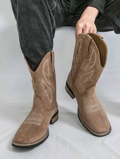 Men's Creative Embroidery Retro Lace-Up Boots, Wide Toe Cowboy Boots For Men And Women, High-Top Windproof And Riding Boots (Please Choose One Size Down)