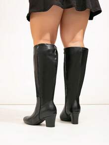 秋冬季宽楦女式欧美时尚舒适高跟粗跟优雅派对及舞会小腿靴 - 黑色 - 查看 6