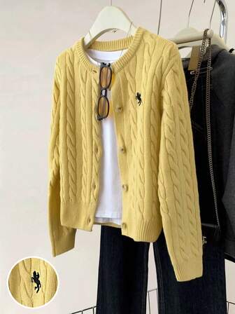 Suéter de cuello redondo de punto de cable con bordado de manga larga para mujer para Y2K Halloween, ropa exterior, chaqueta de punto con botones para mujer, chaqueta, regreso a la escuela, concierto country, festival de música para mujer, ropa exterior de temporada de regreso a la escuela.