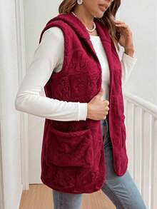 Chaleco Liso para Mujer Chaleco con estampado floral de Borreguita con Bolsillo y Capucha para Dama - Estilo Casual y Acogedor para Invierno. - Rojo - Ver 4