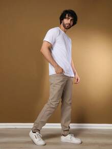 Men's Slim Fit Dress Twill Pants With Built-In Pockets And Lycra - Khaki - View 3