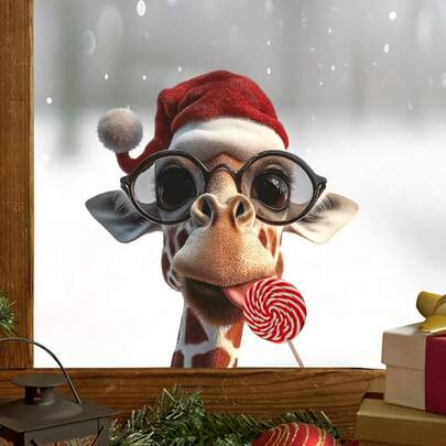 Self-Adhesive Removable PVC Giraffe With Santa Hat & Glasses Christmas Window Stickers - Removable Decals With Expressive Eyes & Spots For Home, Party, Store Displays - Easy & Stick Holiday Decorations (No Residue) - Festive Candy-Cane Design With Red & White Spots, Durable Plastic Material For Indoor/Outdoor Use, Perfect For Christmas Window & Wall Decor & Switch Sticker Christmas Decoration XMAS Decor Christmas Tree Gift Decor Thanksgiving Wedding Home Decor Home Decor Fall Decor Autumn Decor Birthday Decorations For Gifts Party Supplies Indoor Holiday Festival Decor Halloween Decor Wall Decor Halloween Ornaments