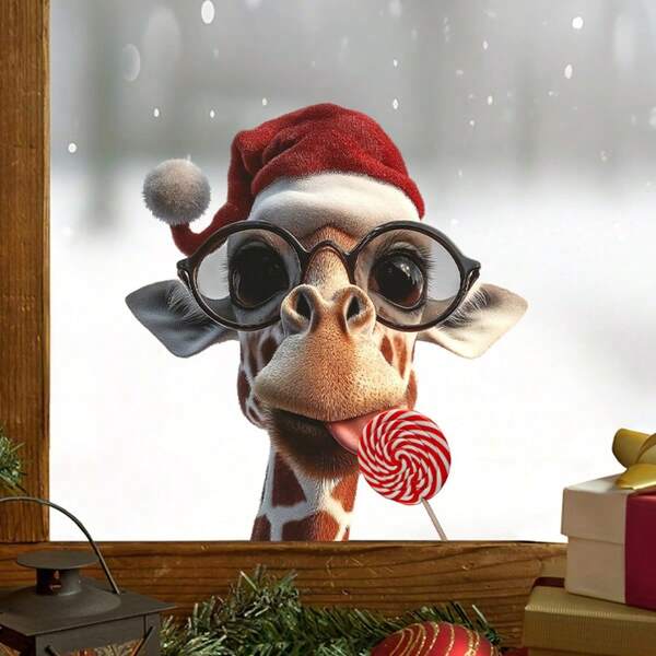 Self-Adhesive Removable PVC Giraffe With Santa Hat & Glasses Christmas Window Stickers - Removable Decals With Expressive Eyes & Spots For Home, Party, Store Displays - Easy & Stick Holiday Decorations (No Residue) - Festive Candy-Cane Design With Red & White Spots, Durable Plastic Material For Indoor/Outdoor Use, Perfect For Christmas Window & Wall Decor & Switch Sticker Christmas Decoration XMAS Decor Christmas Tree Gift Decor Thanksgiving Wedding Home Decor Home Decor Fall Decor Autumn Decor Birthday Decorations For Gifts Party Supplies Indoor Holiday Festival Decor Halloween Decor Wall Decor Halloween Ornaments