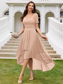 MIUSOL Đầm maxi dạ hội bằng chiffon ren hoa cổ chữ V, xếp ly vạt trước ngắn vạt sau, thích hợp cho đám cưới, tiệc mùa xuân. - Rượu sâm banh - Xem 7