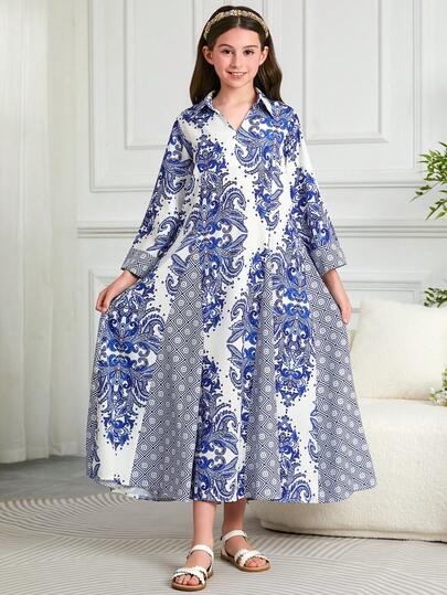 女童复古中东阿拉伯宫廷风长袖立领中国风印花连衣裙