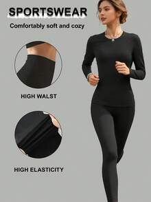 Two Piece Set Women,Workout Sets Women,Women's Black Minimalist Casual Long Sleeve Top And Pants Set-Lined Set,Yoga Set - 黑色 - 查看 2