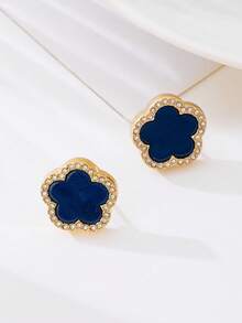 1 par de pendientes de tachuela con trébol de strass de moda, regalo dulce para fiestas para mujeres - Azul - Ver 4