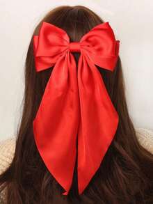 1pc Solid Satin Hair Clip With Satin Ribbon And Large Bow, Versatile Style, Valentine's Gift, Hair Accessory, Elegant, Suitable For Girls In Winter, Bowknot, Cute - Red - View 2