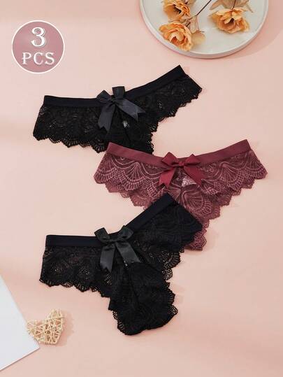 3 件性感时尚女士丁字裤，舒适半透明蕾丝设计，蝴蝶结装饰，内衣