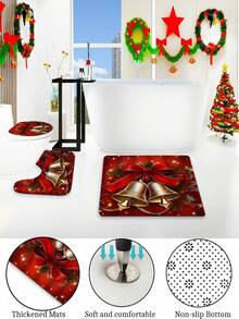 1/4pcs Christmas Bell Pattern Shower Curtain Set, Includes 12 Hooks, Bathroom Decor Accessories, Non-Slip Bath Mat, U-Shaped Mat, Toilet Seat Cover, Home Decor, Complete Bathroom Set (1pc/4pcs Optional) - Multicolor - View 11