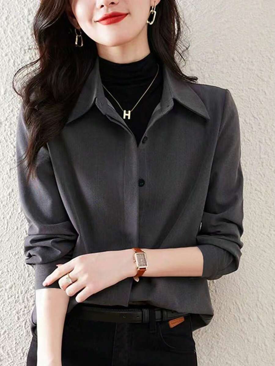 优雅加厚衬衫，女士磨毛休闲外套或叠穿上衣，春秋季