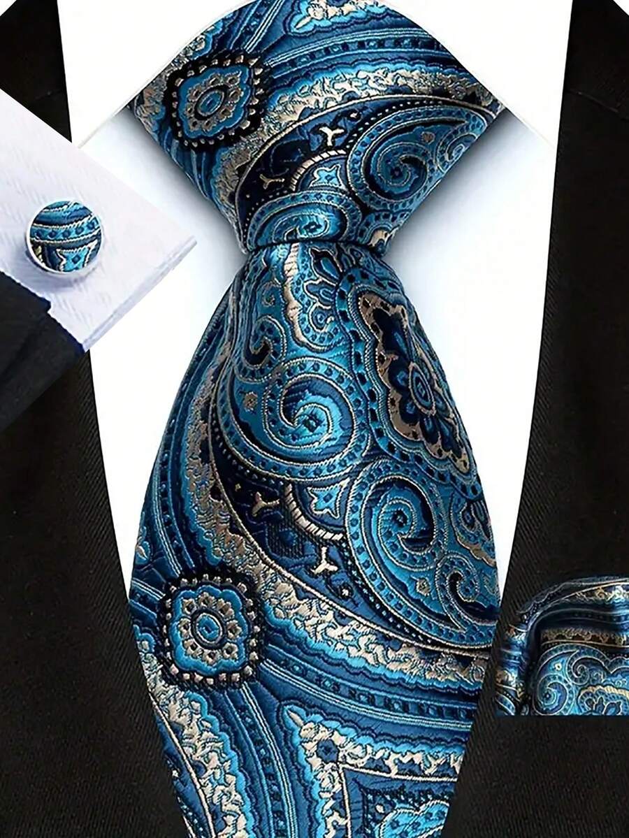 Men Tie Sets Classic Fashion Necktie Set With Cufflink For Business Party - Blue - View 1