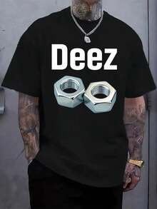 Men's Funny Deez Nuts Meme T-Shirt With Nut & Bolt Graphic - Black Cotton Short Sleeve Crewneck Tee, White Text Print, Casual Streetwear For Casual Attire, All-Season, Gift For Men (Nutcracker Joke Design) - 黑色 - 查看 1