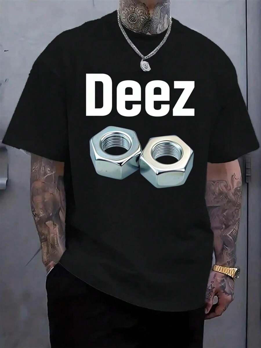 Men's Funny Deez Nuts Meme T-Shirt With Nut & Bolt Graphic - Black Cotton Short Sleeve Crewneck Tee, White Text Print, Casual Streetwear For Casual Attire, All-Season, Gift For Men (Nutcracker Joke Design) - 黑色 - 查看 1