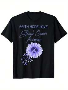 Men'S Stomach Cancer Awareness T-Shirt - Faith Hope Love Slogan & Purple Ribbon Design, 100% 180gsm Breathable Loose Fit Casual Round Neck Tee, S-XXXL Sizes For Charity Support & Casual Attire, Charity Event Wear, Cause Clothing, Print Design, Glossy Finish, Soft Material, Lightweight Tee, Slogan Shirt, Graphic Tee, Cancer Supporters, Men Shirt, Men Graphic Tee, T Shirt For Men, Men Clothe - 黑色 - 查看 1