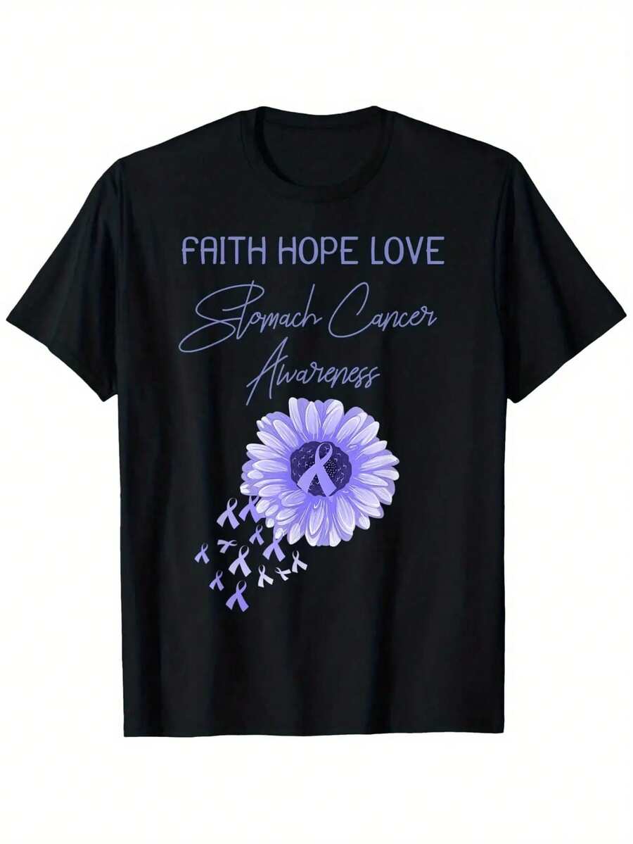 Men'S Stomach Cancer Awareness T-Shirt - Faith Hope Love Slogan & Purple Ribbon Design, 100% 180gsm Breathable Loose Fit Casual Round Neck Tee, S-XXXL Sizes For Charity Support & Casual Attire, Charity Event Wear, Cause Clothing, Print Design, Glossy Finish, Soft Material, Lightweight Tee, Slogan Shirt, Graphic Tee, Cancer Supporters, Men Shirt, Men Graphic Tee, T Shirt For Men, Men Clothe - 黑色 - 查看 1