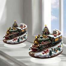 1 buc. Semn decorativ de birou în stil boem cu trenuleț de Crăciun și brad de Crăciun - placă multicoloră cu tematică de trenuleț de sărbători, potrivită pentru casă și birou, decorațiune sezonieră pentru Crăciun, Paște, Ziua Recunoștinței, Ziua Sfântului Patrick