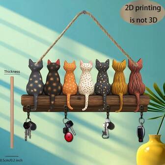 This 2D Flat Fantasy Cat Key Holder Is A Simple Wooden Wall-Mounted Key Rack With 4 Metal Hooks. It's Holiday Gift For Pet Lovers And Suitable For Bedroom Decoration, Wall Decoration, And Home Decor.