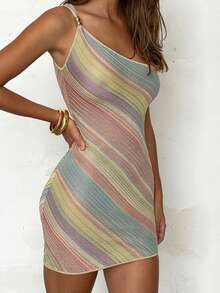 Bodycon One Off Shoulder Mini Dresses For Women Y2K Striped Sleeveless Going Out Dress Summer Rave Club Dress Cocktail Party Dresses - 彩色 - 查看 1