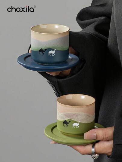 choxila 一套骆驼图案陶瓷茶杯碟，渐变色咖啡杯，80毫升浓缩咖啡杯。适合下午茶、家庭聚会、卧室、客厅、书房或咖啡馆使用。