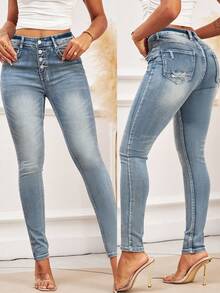 Women's Mid-Rise Skinny Jeans - Stretchy Denim, Button Fly, Classic Washed Slim Fit, Versatile Casual Wear - Light Wash - View 11