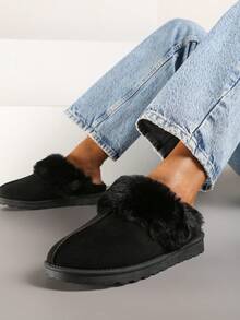 Faux Suede Slip-On Slippers With Fur - Black - View 2