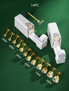 14pcs/Set Sterile Ear Piercing Kit, (2pcs Gold Tone Piercing Needles + 12pcs White Gold Tone Earrings) Super Shiny, One-Time Low Pain Ear Cartilage Piercing Gun With Built-In Earrings, Ear Beauty Tools And Accessories For Women - Gold - View 15