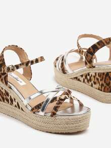 Woven Wedge Sandals With Interwoven Leopard Straps - Silver - View 6