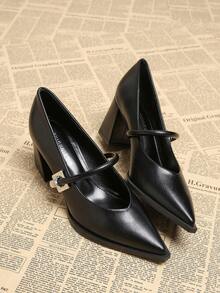 女士时尚 2025 春季新款高跟鞋，休闲纯色米色、黑色、棕色尖头金属装饰优雅简约粗跟乐福鞋 - 黑色 - 查看 3