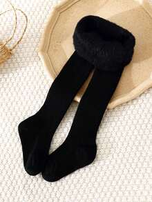 3 Pairs Girls/Infants Solid Color Warm Thermal Lined Tights, Simple Vertical Striped, Cozy & Comfortable, Tight Pants For Young Girls In Autumn/Winter, Suitable For Daily Wear - Black - View 5