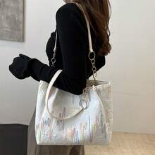 Womens Canvas Tote Bag Zipper Closure Stylish Embroidered Large Capacity Shoulder Bag - Blanco - Ver 3