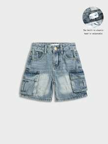 Quần short denim Cargo màu xanh cổ điển cho bé trai, dáng rộng, nhiều túi, thoải mái, cạp chun, quần short công sở thường ngày - Rửa nhẹ - Xem 11