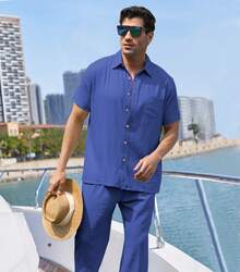 URRU Mens 2 Piece Linen Outfit Summer Beach Short Sleeve Button Down Shirt And Pants Set - Xanh đậm - Xem 3
