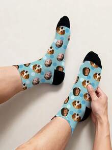 1PC Unisex Customizable Portrait And Polka Dot Pattern Light Blue And Black Comfortable Casual Socks, Suitable For Daily Wear Or As A Gift For Pet Lovers, Available In Multiple Colors, An Excellent Gift For Friends On Birthdays And Holidays
