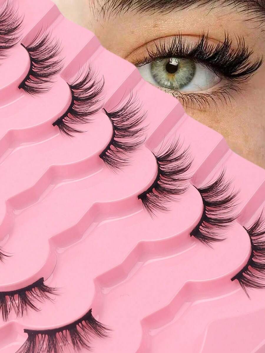 Rikuaild 7 pares de pestañas postizas medias, de aspecto natural, de ojos de gato, suaves, con efecto wispy, cruzadas y esponjosas