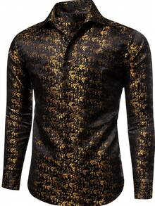 Mens Shirt Long Sleeve Gold Shirts Regular Fit Button Tops Wedding Formal Casual Office Suit Coats - 金色 - 查看 1